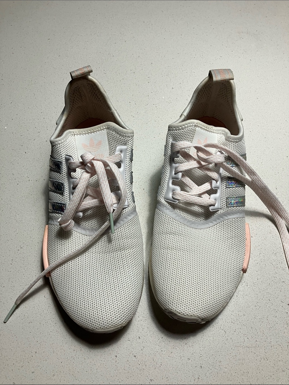 adidas Women’s White Sneakers with Light Pink Accents and Iridescent Stripes